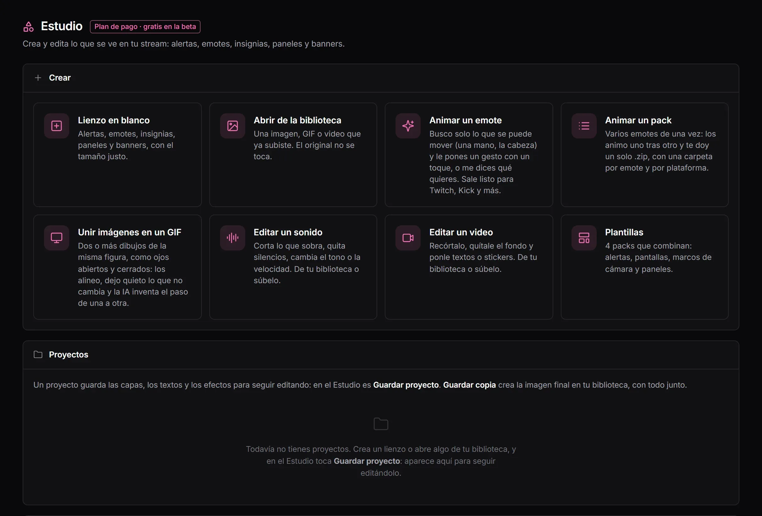 La pantalla del Estudio con las formas de empezar: lienzo en blanco, abrir de la biblioteca, animar un emote, animar un pack, unir imágenes en un GIF, editar un sonido, editar un video y plantillas; debajo, los proyectos guardados