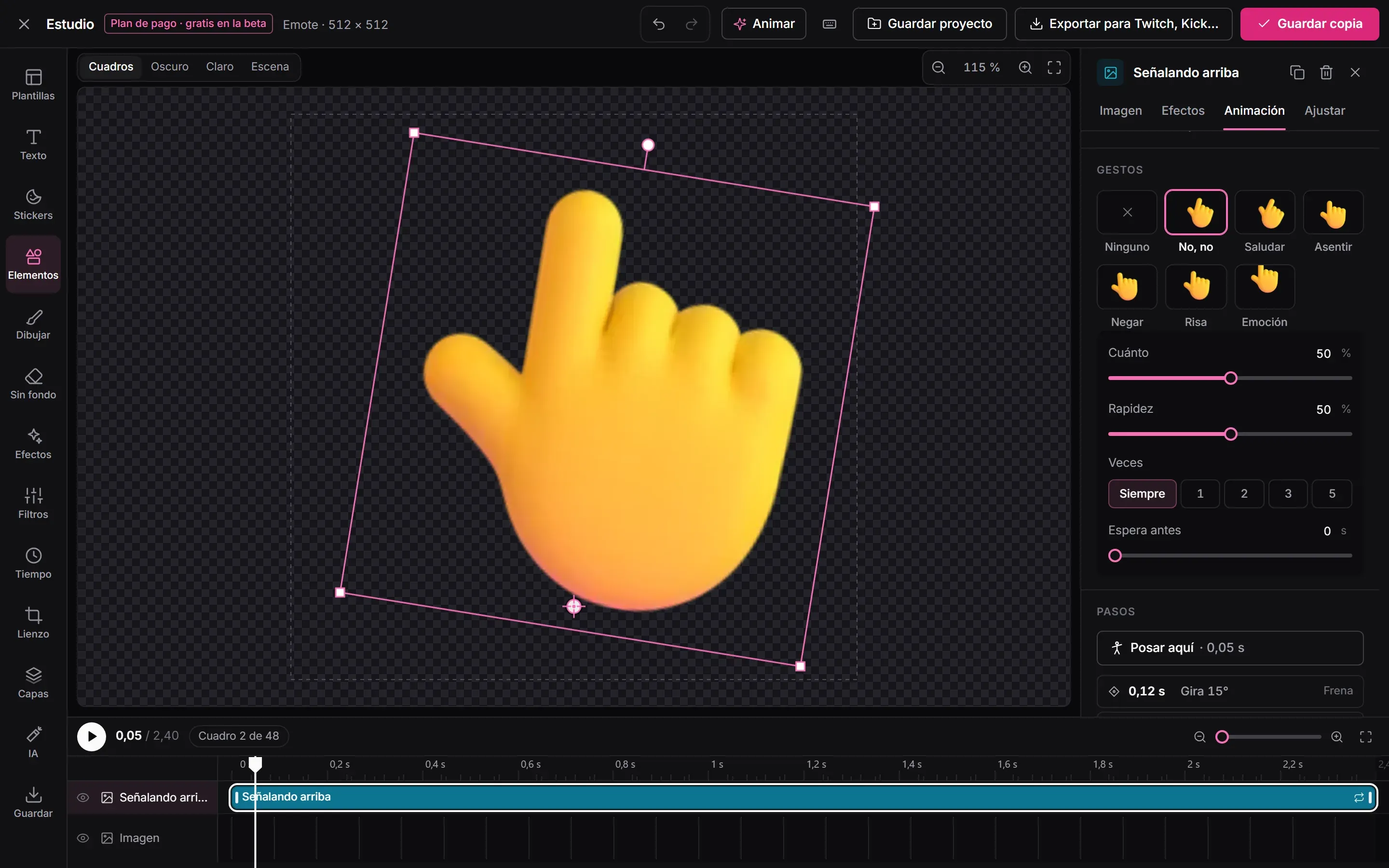El Estudio con un emote de una mano que señala, inclinada a media animación desde el punto de giro en la muñeca, y el panel de gestos: no, no; saludar; asentir; negar; risa y emoción
