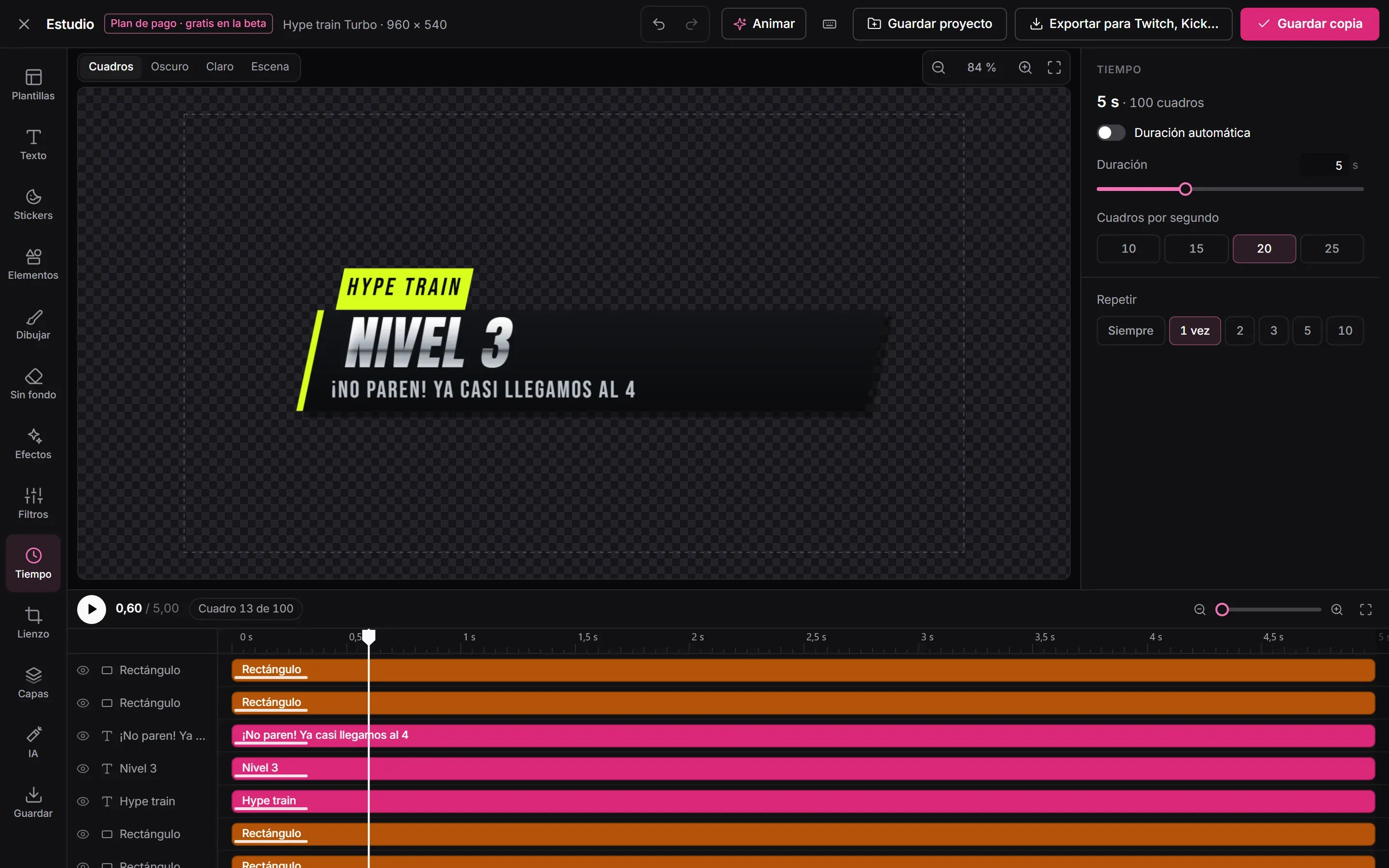 El Estudio con la alerta de hype train del pack Turbo y el panel Tiempo: 5 segundos, 100 cuadros, cuadros por segundo y repeticiones