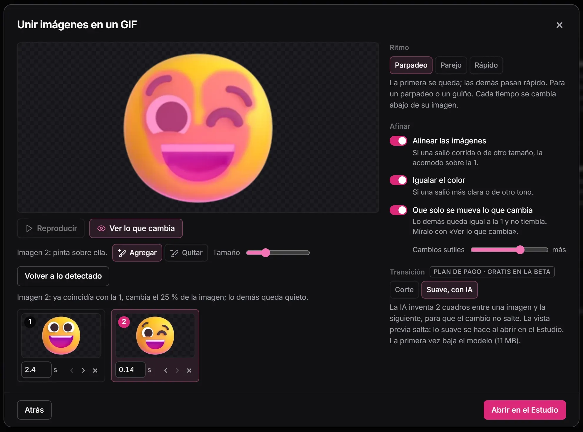 El diálogo «Unir imágenes en un GIF» con una cara sonriente y la misma cara guiñando: la zona que cambia, en rosa sobre la vista previa, el pincel para agregar o quitar, el ritmo de parpadeo y la transición suave con IA